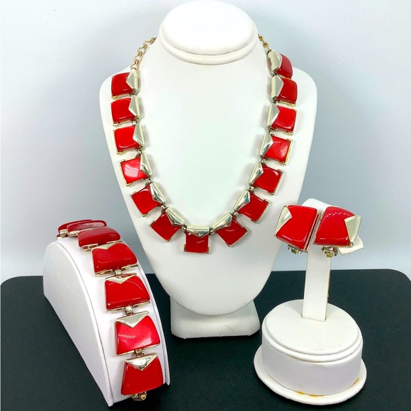 Charel Cherry Red & Silver Thermoset Parure- Necklace, Bracelet, Earrings, 1950s - Picture 2 of 16